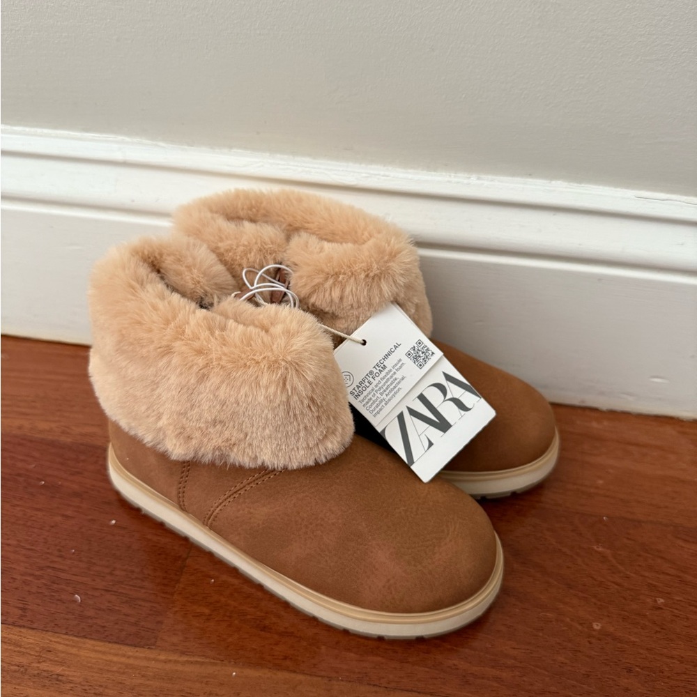 NWT Zara FUR BOOTS Tan Brown Faux 1/6123/831/105/28 size 12 US Girls